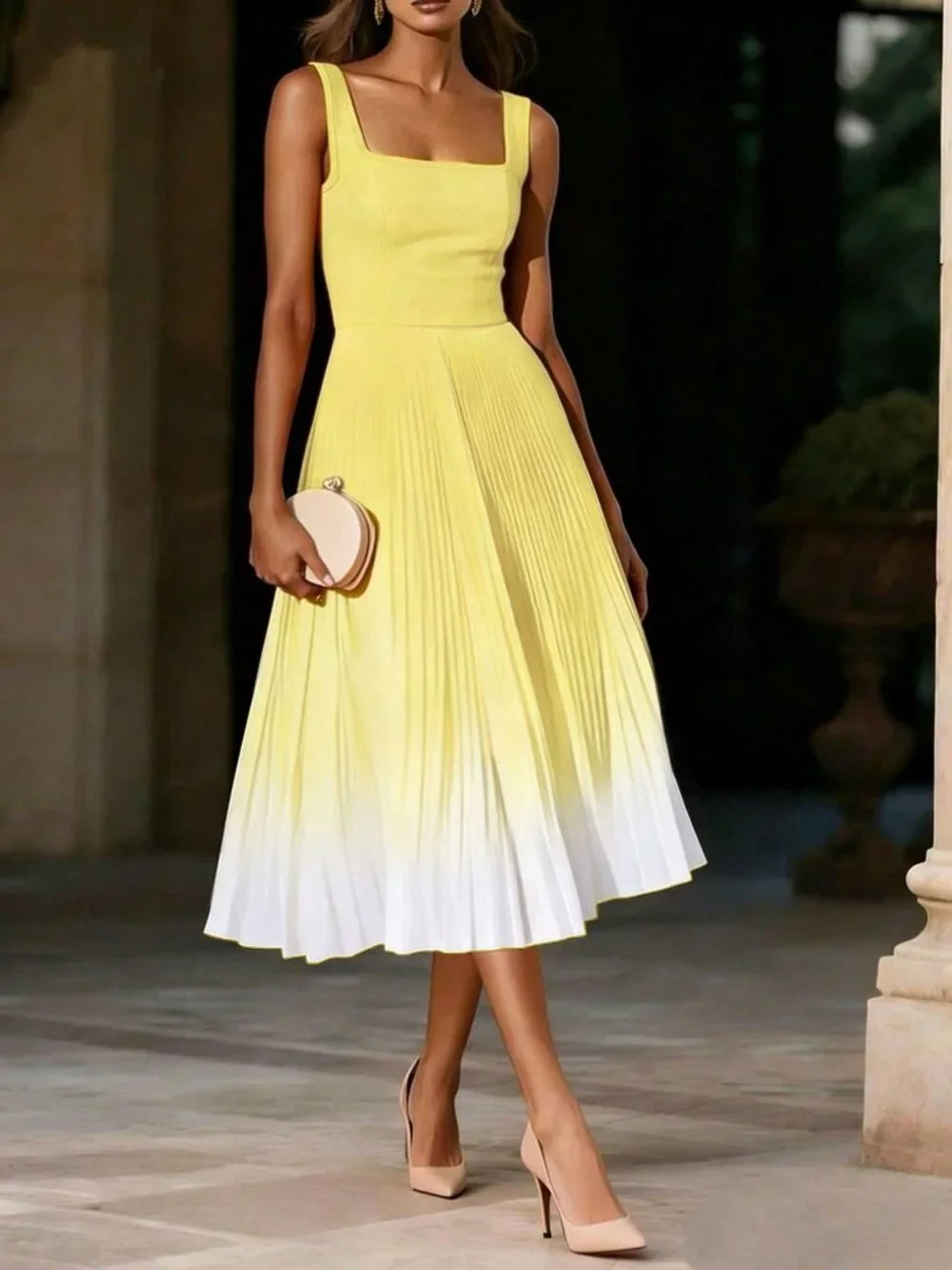 Yellow Elegant Women's Ombre Pleated Sleeveless Zipper Cocktail Dress - Picture 3 of 5